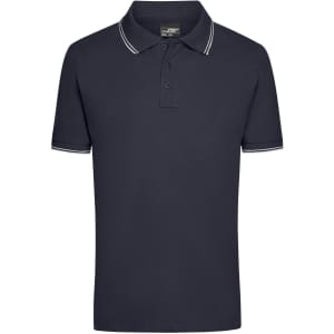 A men's polo shirt in navy blue with contrasting white collar and sleeve trims. It features a branding logo.