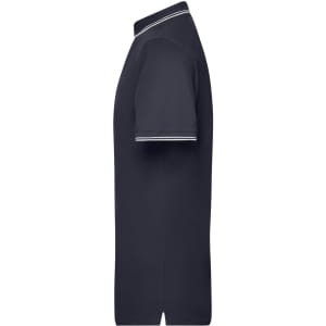 A navy blue men's polo shirt with a side view, featuring white trim on the collar and sleeves.