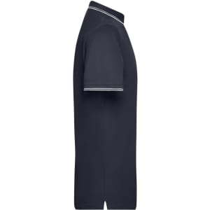 A navy blue men's polo shirt featuring a simple design and a braided collar. The shirt includes a logo.