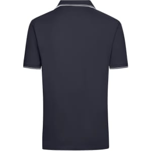 A navy blue men's polo shirt featuring a subtle white trim, with a logo on the side.