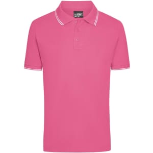 A pink polo shirt with a collar and contrasting trim. It features a logo on the chest.