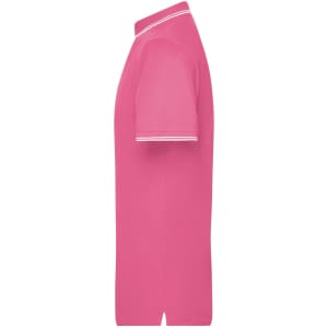 A pink men's polo shirt featuring a classic collar and white trim on the sleeves, shown from the side.
