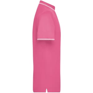 A pink polo shirt with a collared neck and short sleeves, featuring contrasting trim along the sleeves.