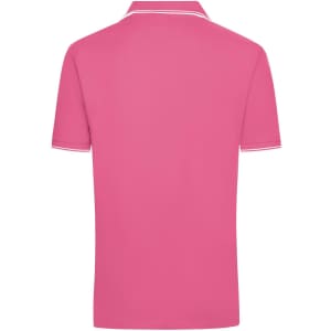 A pink polo shirt with a collar and white trim. It features a logo on the front.