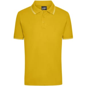A yellow polo shirt featuring a classic collar and contrasting trim details. It includes a logo on the label.