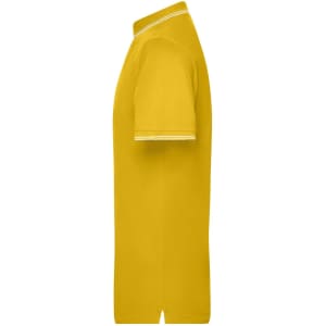 A yellow men's polo shirt featuring a classic design and contrasting collar details.