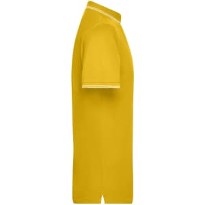 A yellow polo shirt with a side view, featuring a simple design and a subtle logo.
