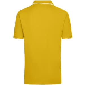 A yellow men's polo shirt with a classic collar and contrasting trim. The shirt features a logo.