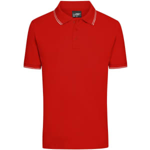 A red polo shirt with a collared neck and white trim. It features a logo on the chest.