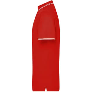 A red men's polo shirt featuring a classic collar and contrasting trim at the sleeves. It includes a logo.