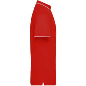 A red polo shirt with a collar and short sleeves, featuring contrasting white trim.