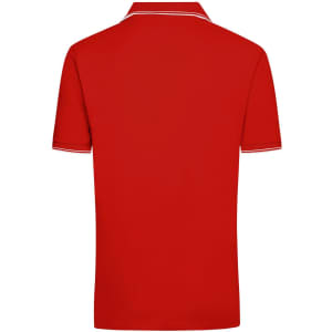 A red polo shirt with short sleeves and a collared neck, featuring contrast piping and a subtle logo.