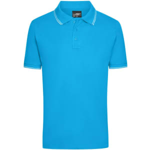 A blue polo shirt with a collar and contrasting stripes on the sleeves. It features a logo on the chest.