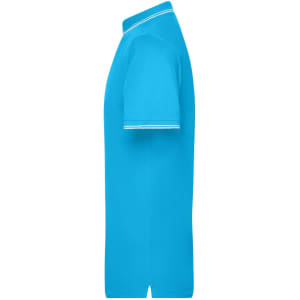 A blue men's polo shirt featuring a fitted design and contrasting trim on the collar and sleeves.