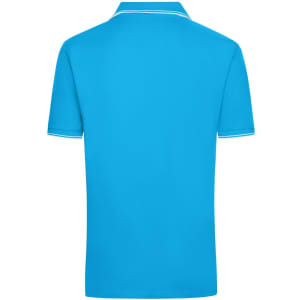 A blue men's polo shirt with a collar and contrasting piping around the sleeves. It features a logo on the chest.