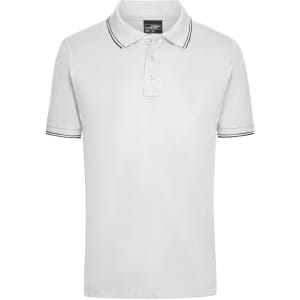 A men's polo shirt in white with a contrasting collar and sleeve trim, featuring a logo on the chest.