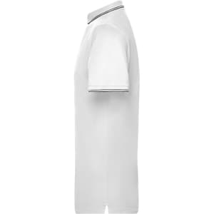 A white polo shirt with short sleeves and contrasting stripes on the collar. It features a logo on the chest.