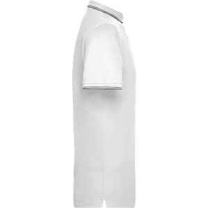 A white polo shirt featuring short sleeves and a collar with contrasting cuffs. Includes a logo.