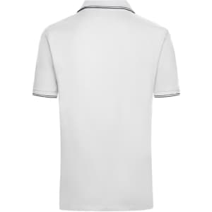 A white men's polo shirt featuring contrasting trim and a simple design. The back view is depicted.