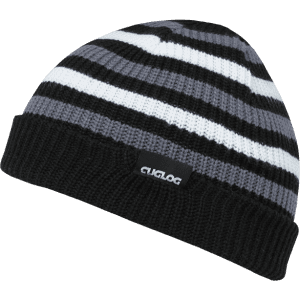 A striped beanie in black, grey, and white, featuring a label on the rim.