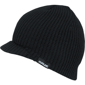 A black knit beanie with a small logo, featuring a ribbed texture and a front brim.
