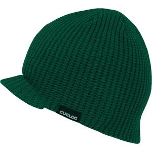 A green beanie with a ribbed texture and a small branded tag on the side.