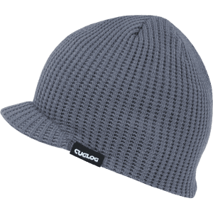 A grey knit beanie with a small brim and a brand label on the side.
