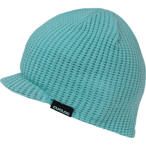 A beanie in a light blue colour with a textured design and a short brim. It features a small logo.