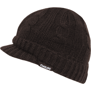 A brown knitted beanie featuring a ribbed band and a logo on the front.