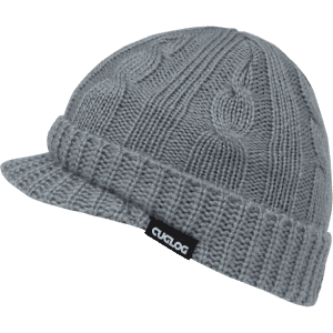 A grey knit beanie with a cable pattern and a small logo tag on the folded brim.