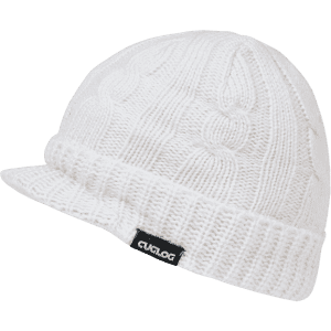 A white knitted beanie with a cable knit design and a branded logo tag.