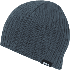 A dark grey beanie with a ribbed design and a small logo tag.