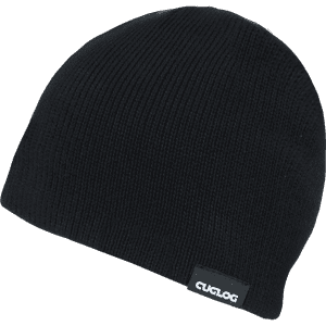 A black beanie with a ribbed knit design and a small logo tag on the side.