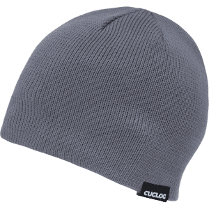 A grey beanie with a ribbed texture and a small branding label on the side.