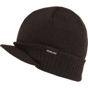A brown beanie with a folded brim, featuring a logo tag on the side.
