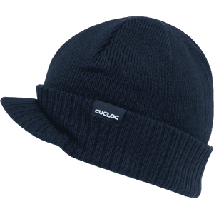 A navy blue beanie hat with a front brim and a logo. The hat features a ribbed texture.