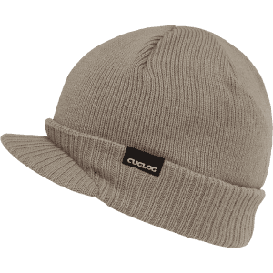 A beige beanie with a folded cuff and a small logo patch on the side.