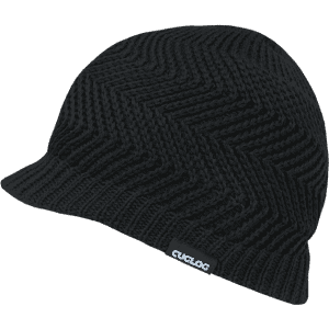 A black beanie with a zigzag pattern and a small logo tag. It features a visor-style brim.
