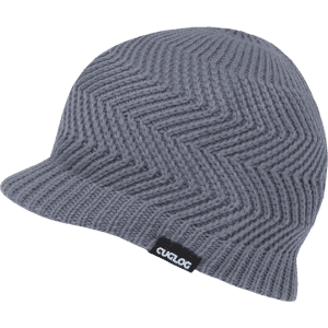 A grey beanie with a textured zigzag pattern and a small brand label.