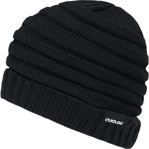 A slouchy beanie in black with a textured knit design and a small logo.