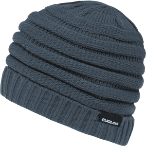 A dark grey beanie with a textured ribbed design and a small branding label.