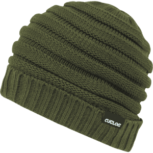 A slouchy beanie in olive green, featuring a ribbed base and a small logo tag on the side.