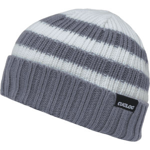 A grey and white striped beanie with a ribbed cuff and a small logo.