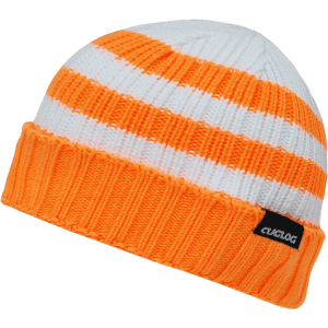 A striped beanie in orange and white, featuring a knitted design and a branding logo on the side.