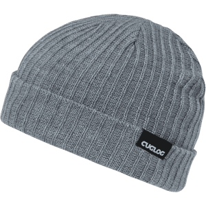 A grey ribbed beanie with a small logo label attached to the side.
