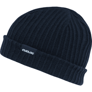 A navy blue ribbed beanie with a branded patch on the fold.