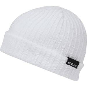 A white ribbed lightweight beanie with a small logo on the side.