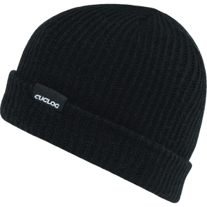 A black cuff beanie displayed at an angle, featuring a small logo on the side.