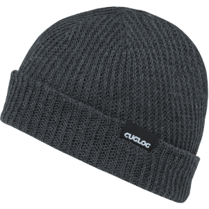 A grey cuff beanie with a knitted texture featuring a logo on the side.