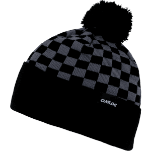 A black and grey checkered beanie with a pom-pom on top and a logo tag.